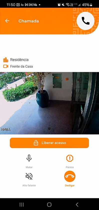 Tela de videochamada com a portaria e botão de liberar acesso